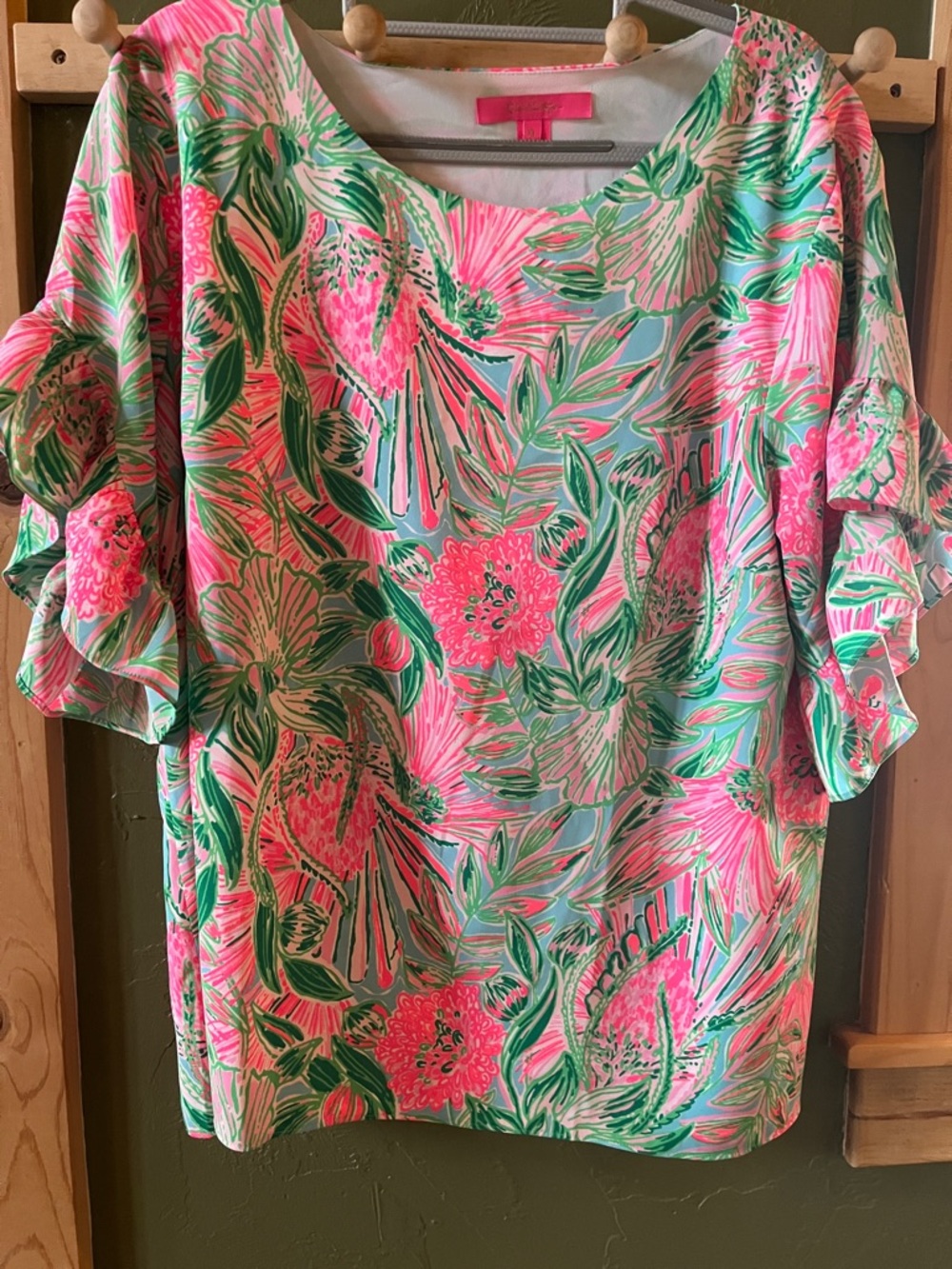 Lilly Pulitzer Hot Pink & Bright Green Floral Ruffle Top XL
